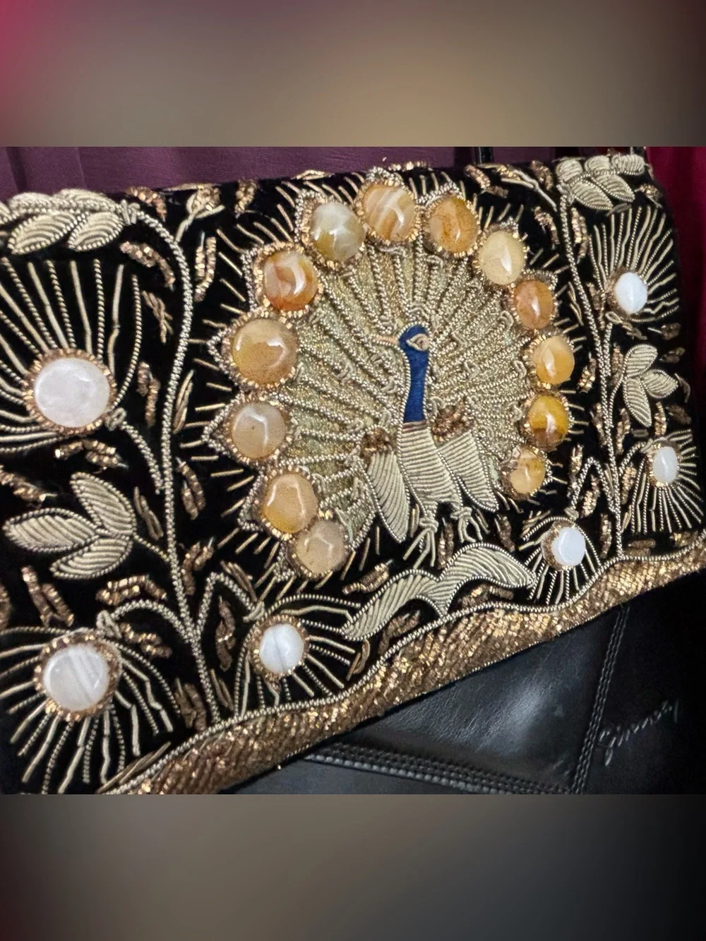 Embroidered Black Velvet Peacock Shoulder Bag/Clutch w/Accent Stones, VGUC